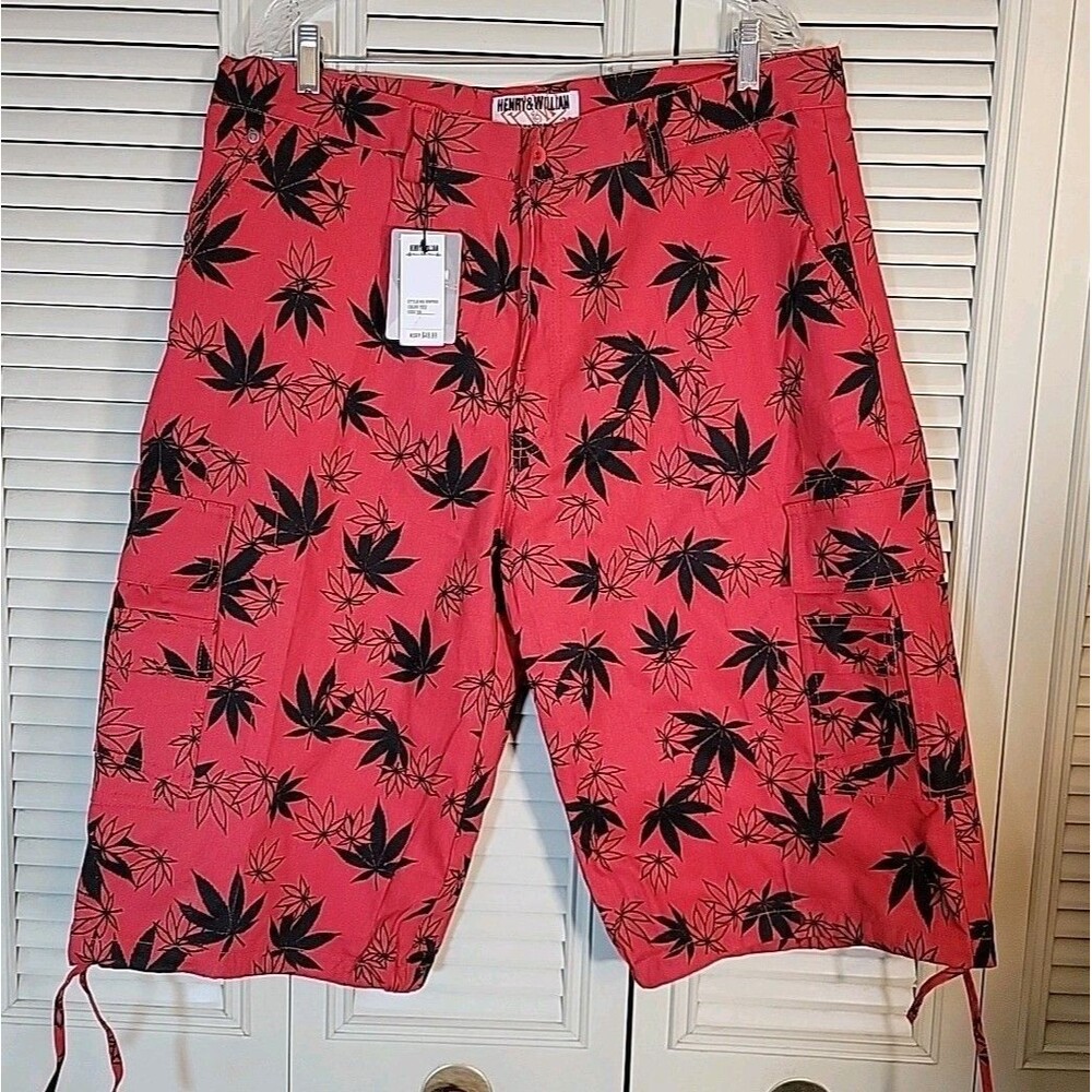 Henry & William Mens Red Cargo Shorts Sz 38 Black Hemp Weed Leaf Print Marijuana